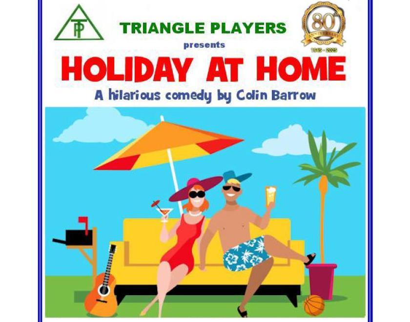 Holiday at Home poster with a cartoon image of people in holiday gear on a sofa