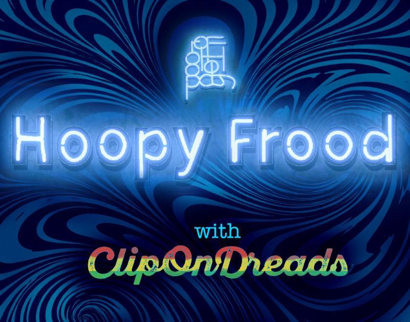 Hoopy Frood logo on a swirly background