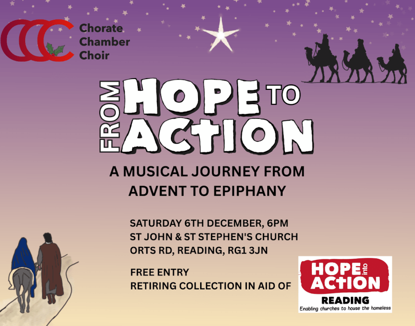 poster for "From Hope To Action" concert with details of the event and artwork of Mary & Joseph, and the three wise men