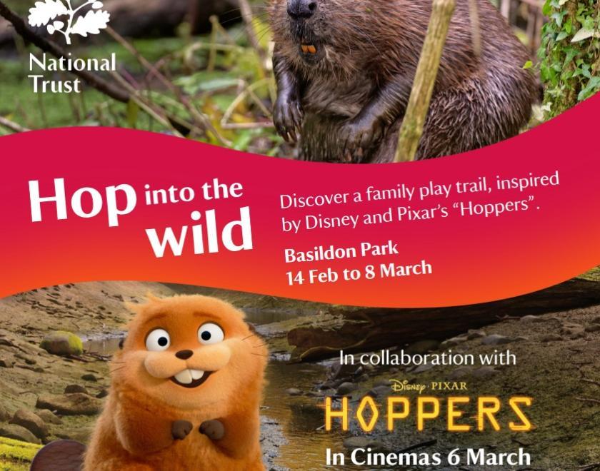 Banner featuring an image of a beaver, and an image of a beaver character from the animated film Hoppers