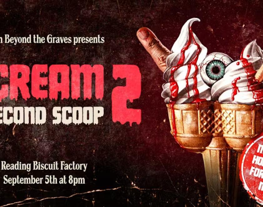 Poster designed to look like an old horror paperback book with artwork of a double-scoop ice cream with eyes and fingers sticking out in place of a flake, and blood instead of sauce