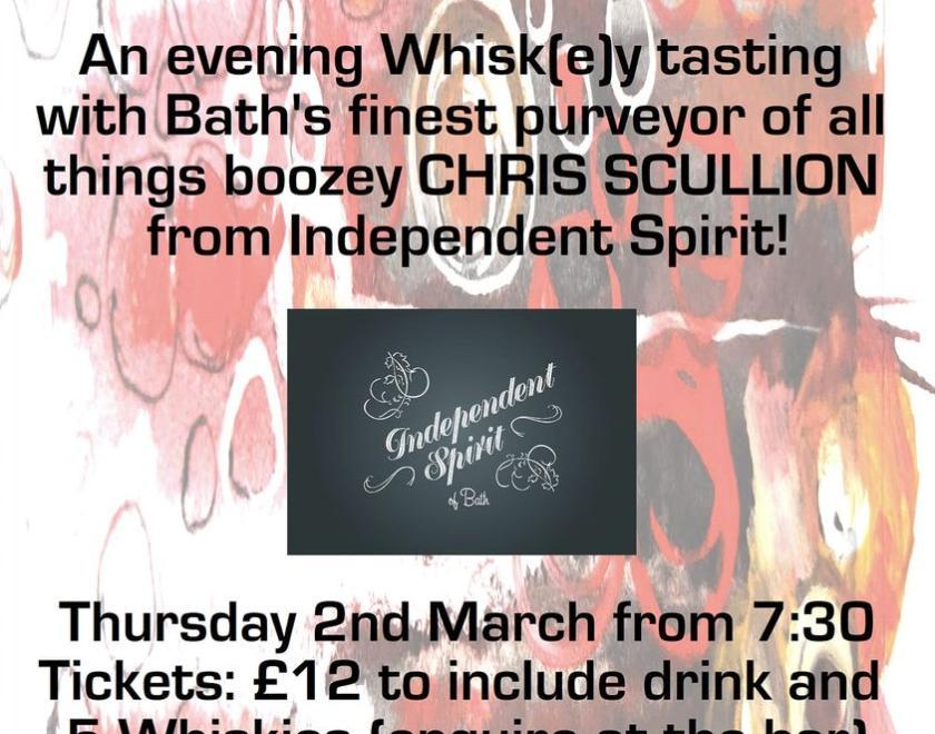 A poster with an abstract background of circles and swirls in oranges and reds. Text overlaid gives basic information about the event (as per text box below) and black and white text logos for Art Brew, Castle Tap and Independent Spirit.