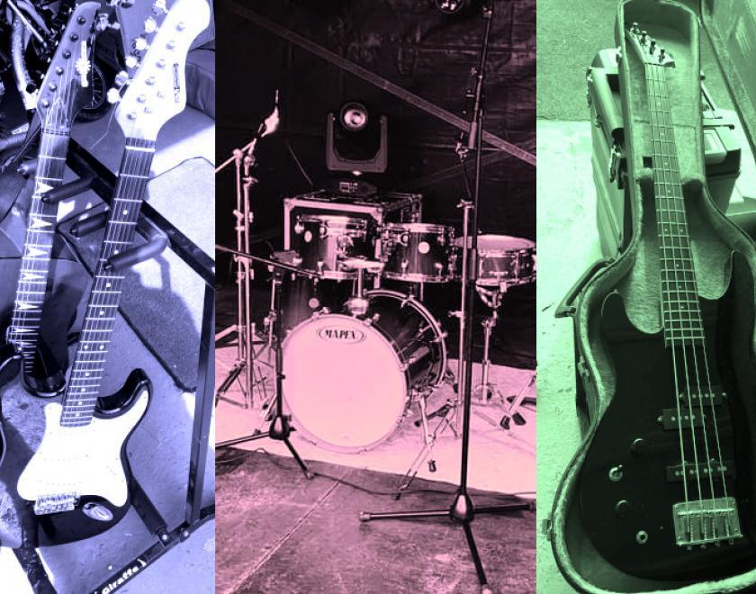 Rock guitar, drum kit and bass guitar