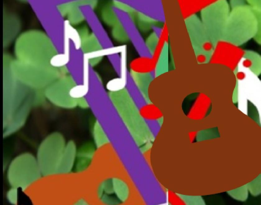 Colourful collage of images of musical instruments (guitars, pipes, harp and violin bow) and notes on a background of shamrocks