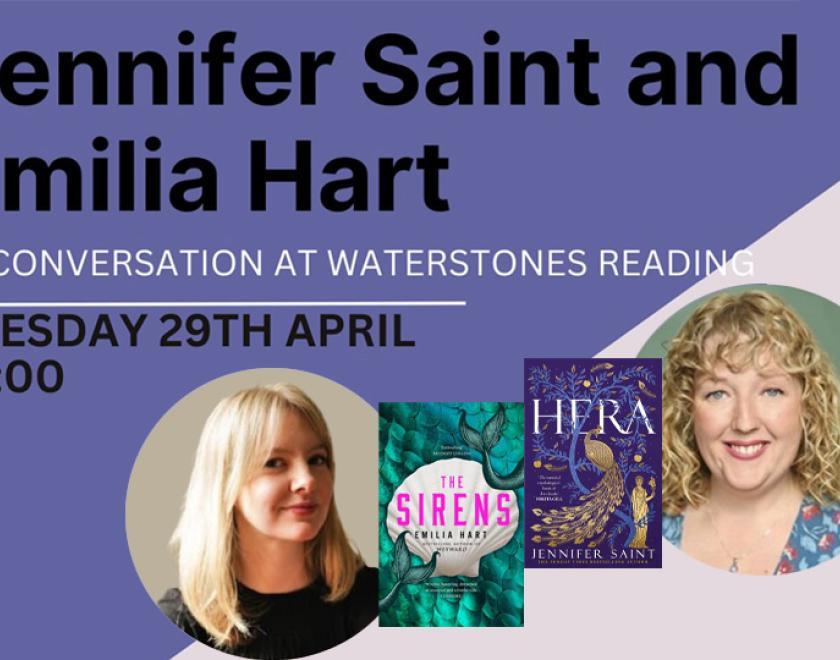 poster featuring headshots of authors Jennifer Saint and Emilia Hart