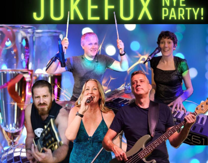 Members of the band Jukefox each holding their respective instruments