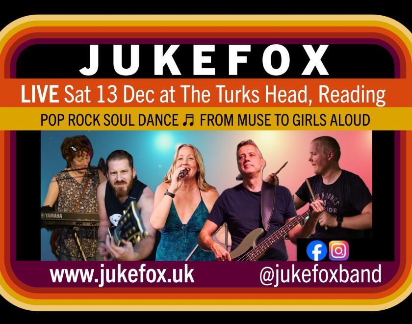 Photos of the five members of Jukfox, each playing their respective instruments