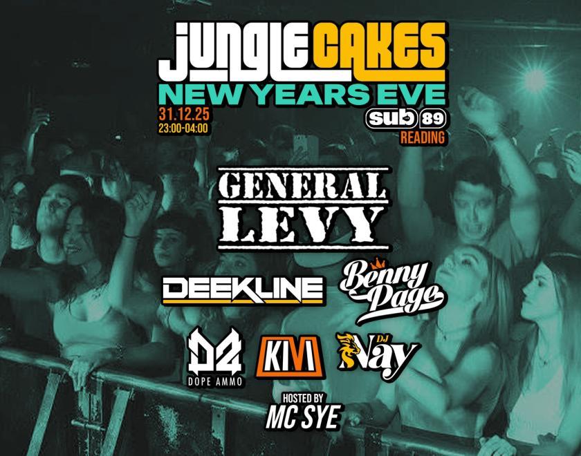 poster for Jungle Cakes Reading NYE with logos of the artists performing over a picture of the crowd at Sub89