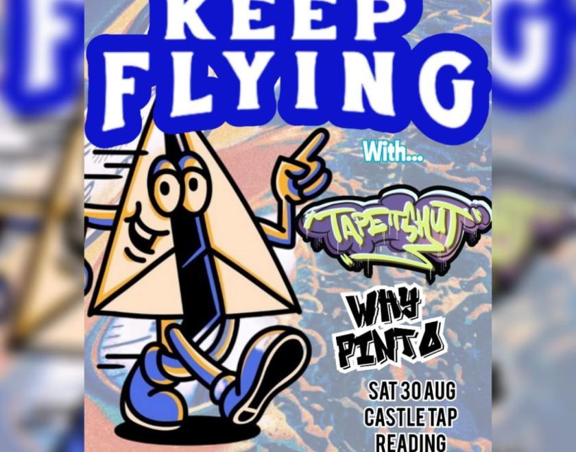 Poster for Keep Flying gig with a cartoon image of an anthropomorphic paper plane