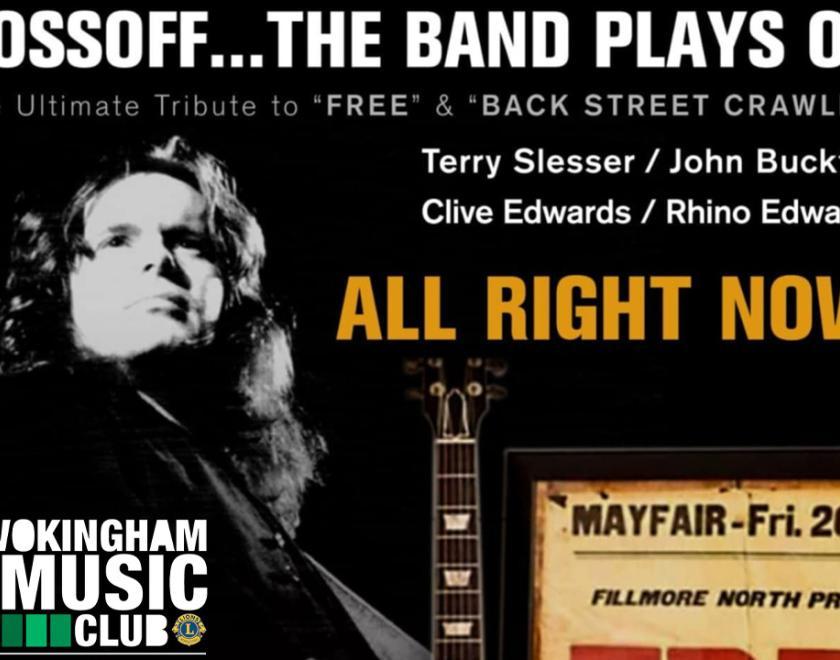 Poster for Kossoff... The Band Plays On concert with a photo of a man with long hair and info about the event