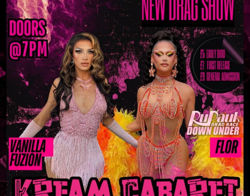 Poster for Kream Cabaret Drag Night with two drag queens in sexy outfits