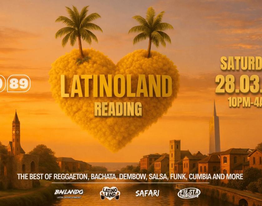 Poster for LatinoLand with AI art of a hart-shaped cloud hovering over a town