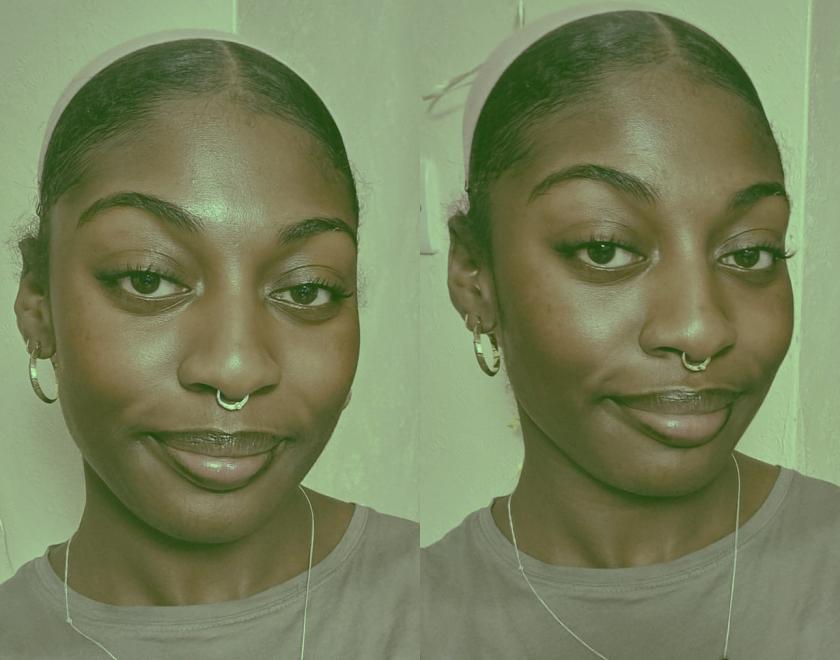 photographic portrait of artist Kiera Grace, her face is repeated twice with a green background