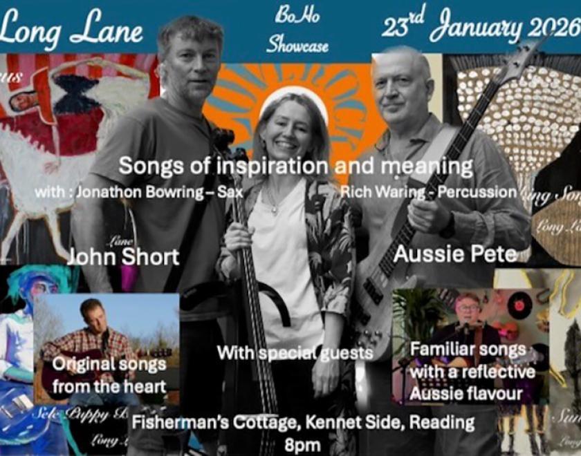 Very busy poster featuring images of the band members and details about the event