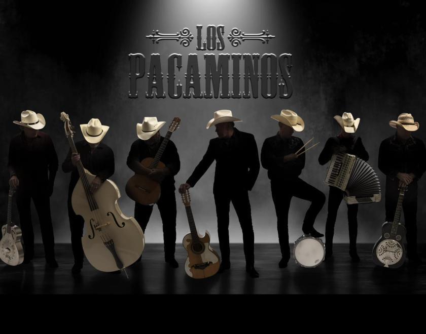 Los Pacaminos - sevcen silhouetted men in white stetson hats, holding various musical instruments