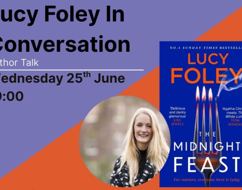 Author Lucy Foley next to the cover of her latest book, Midnight Feast
