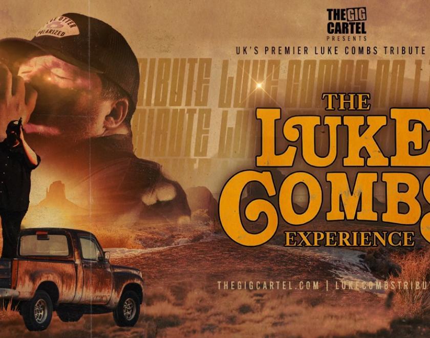 The Luke Combs Experience logo next to an image of a man with a trucker cap and fake beard singing into a microphone
