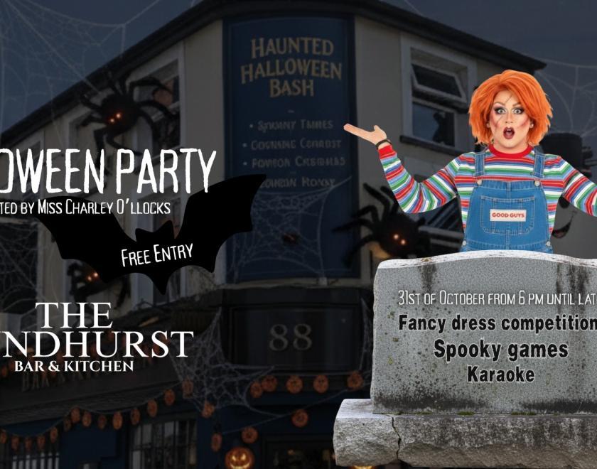 Poster for Halloween Party at the Lyndhurst with drag artist Miss Charley O'llocks dressed as Chucky from the Child's Play films