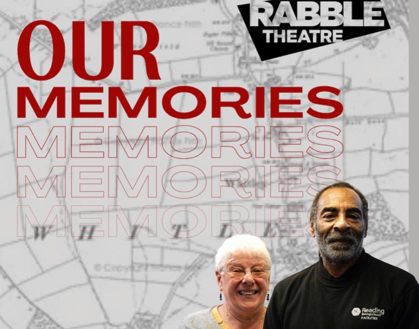 Event poster with a map of Whitley and photo of two residents - a black man and a white woman - along with the RABBLE logo