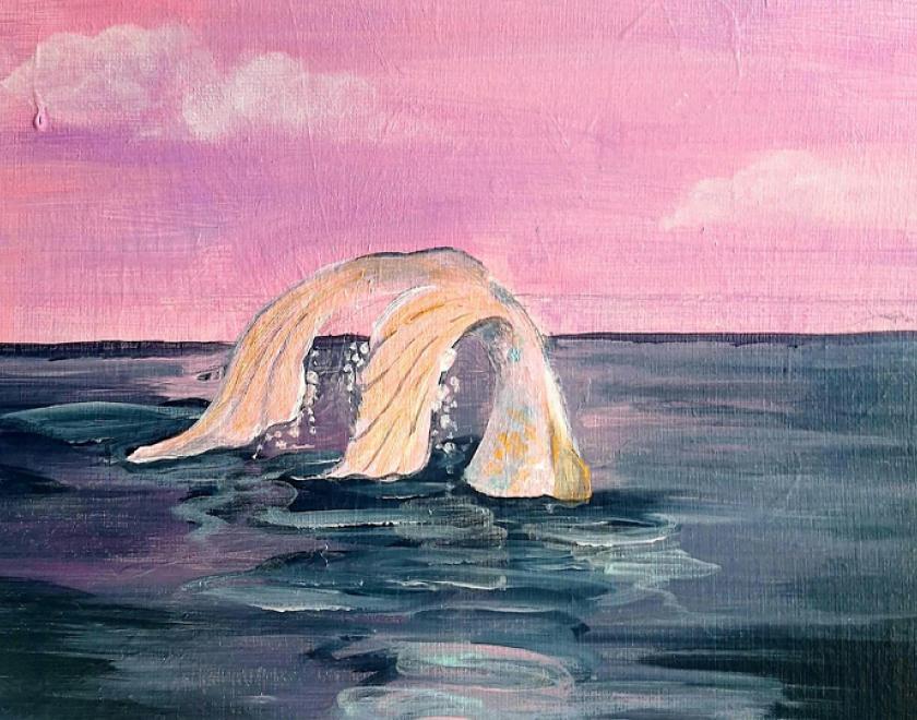 Painting of a mermaid's tail flipping out of the sea