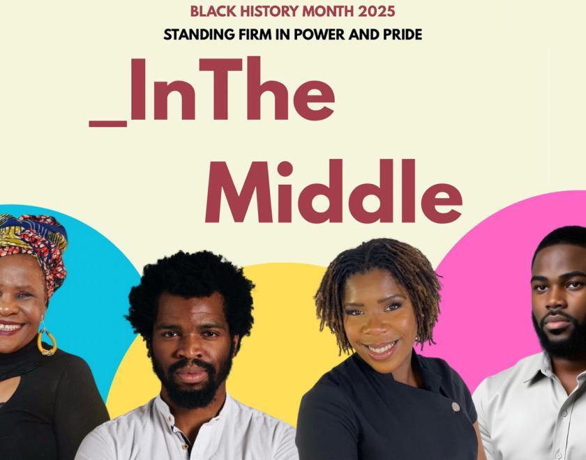Poster for _InTheMiddle event with four headshots of panelists - two black women and two black men