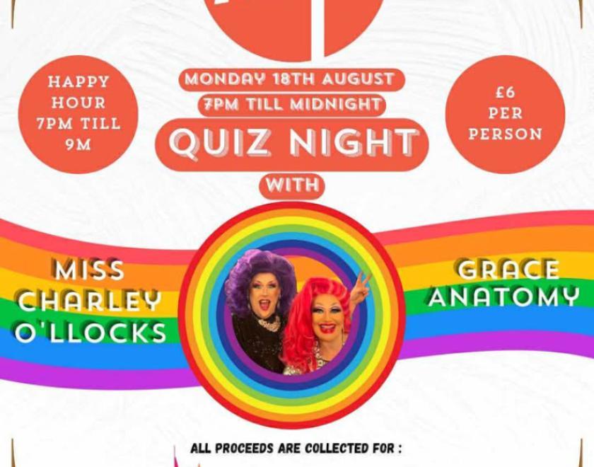 Poster for Quiz Night for Reading Pride featuring two drag queens