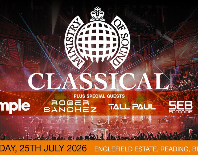 Poster featuring the Ministry of Sound Classical logo and an image of the orchestra performing in an arena