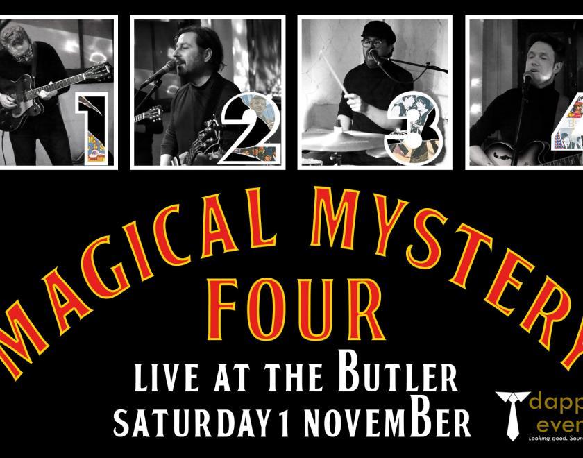 Magical Mystery Four logo with headshots of the four musicians