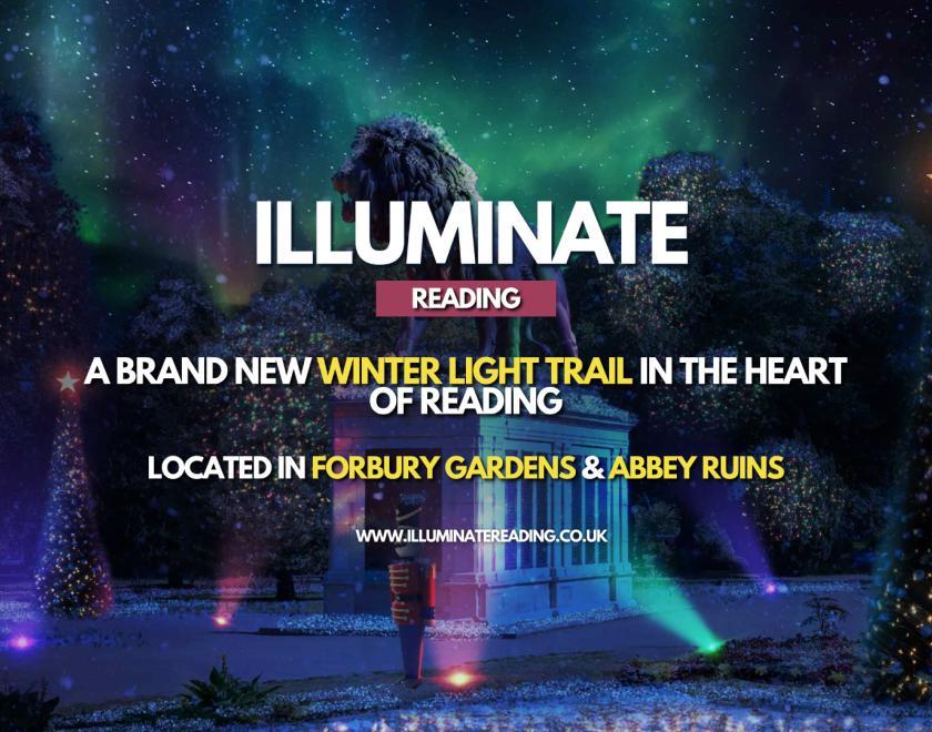 Illuminate Reading logo over an image of the illuminated Forbury Lion