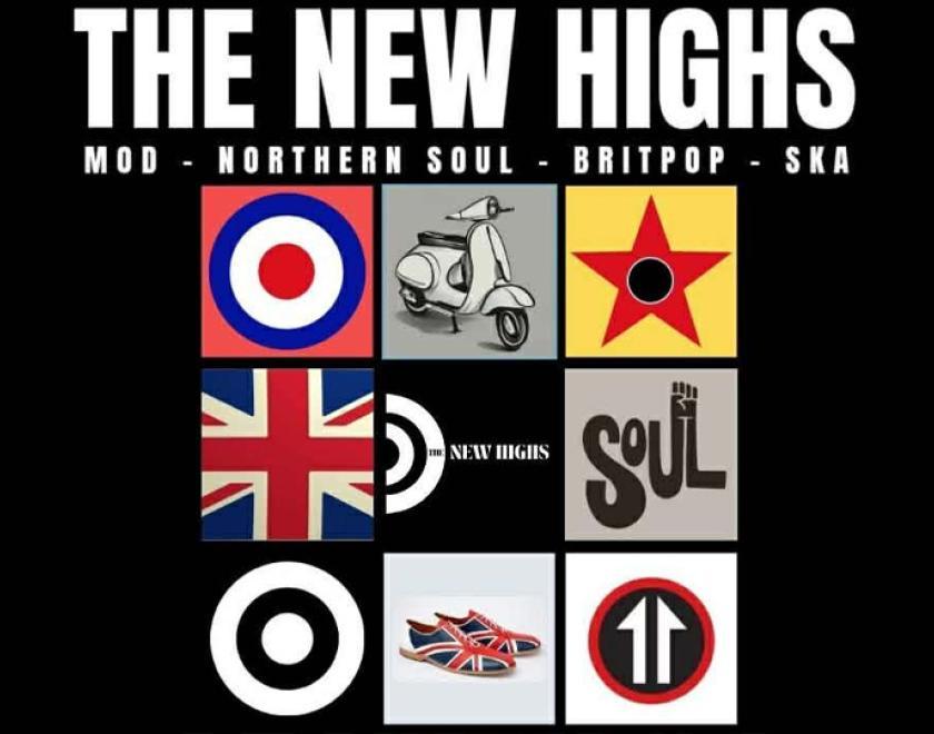 The New Highs logo, with a 9-square grid of mode and Britpop iconography, including a target, union Jack and Vespa