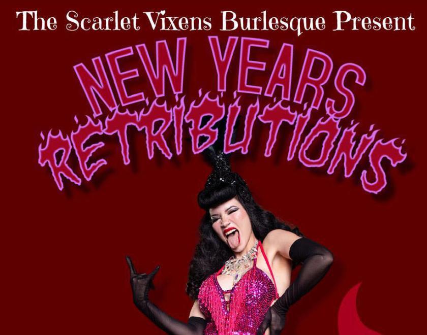 Poster with a burlesque performer in a magenta outfit pulling the "rock" horns