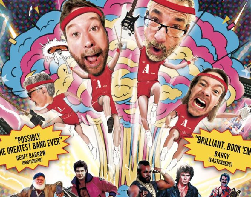 Poster designed to look like a comic book or movie poster, featuring four band members in red t-shirts and shorts and enlarged heads jumping into action. Below them are pictures of Michael Knight, Mitch Buchanan, BA Baracas and others