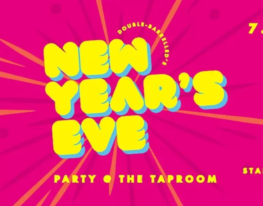 Poster for New Year's Eve @ The Taproom with yellow text on a pink background