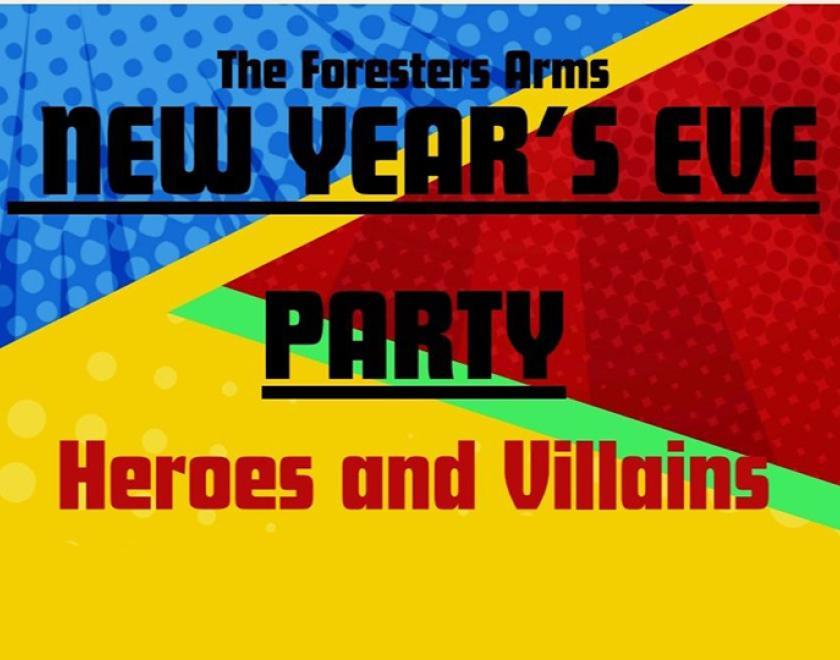 New Year's Eve: Heroes & Villains on a red, yellow and blue background