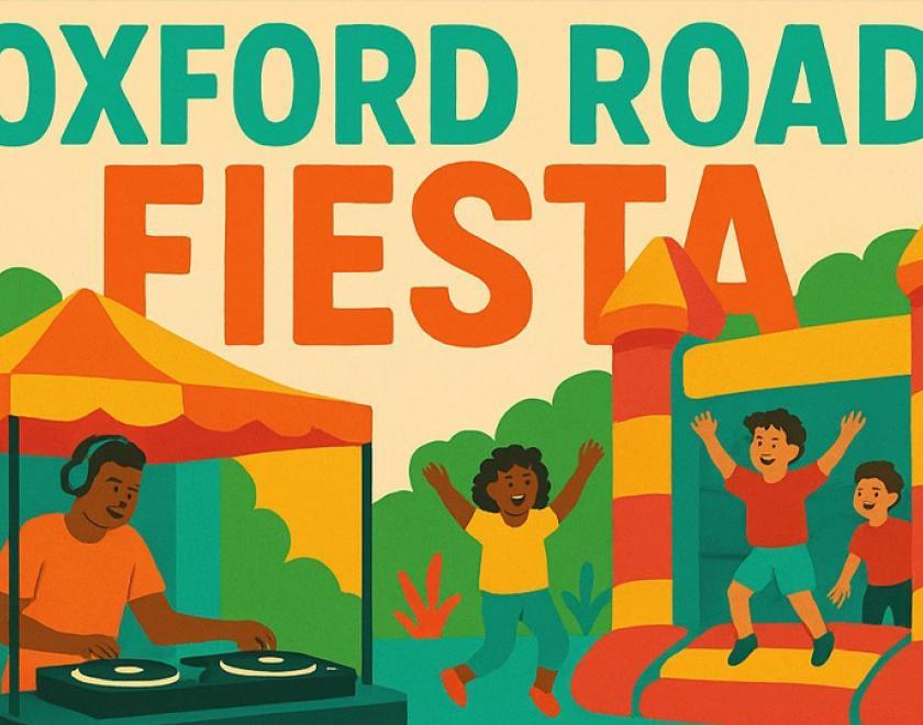 Oxford Road Fiesta poster with AI artwork of a DJ and bouncy castle
