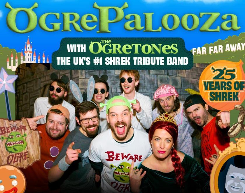 Band members of the Ogrestones dressed in basic cosplay as various Shrek characters