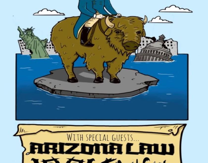 A poster featuring an American founding father figure riding a buffalo as it floats on a bit of pavement and New York sinks behind it.