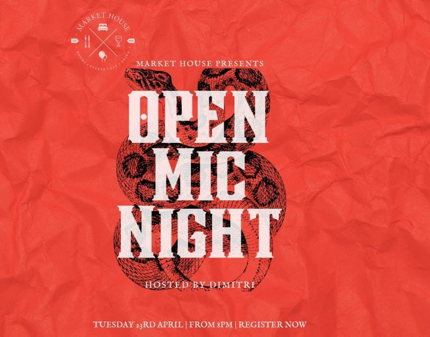 The words Open Mic Night on a red background with a snake behind the words