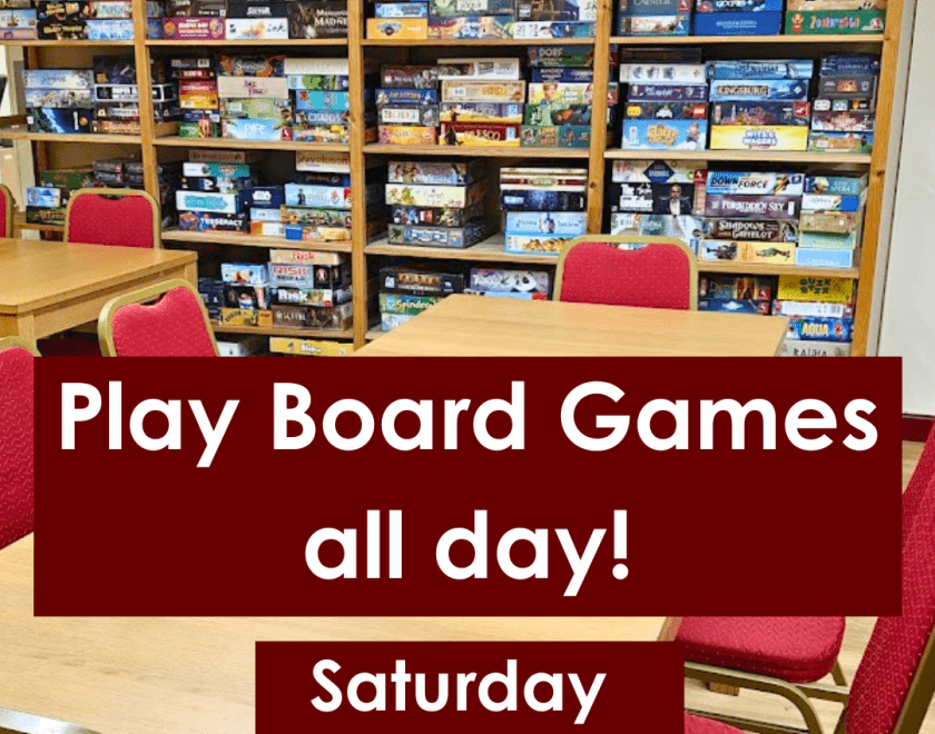 pic of the board games room with the caption of play board games all day saturday 11am to 5pm