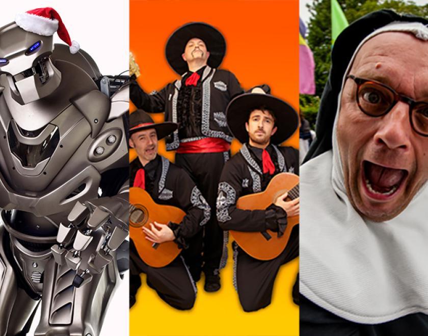 A robot, some mariachi musicians and a man dressed as a nun pulling a wild face