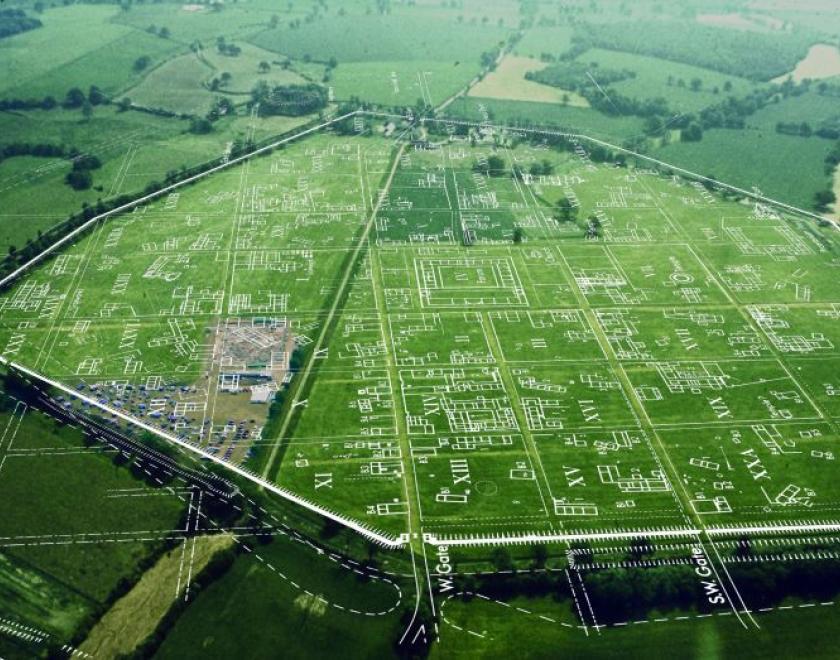 Ariel shot of Calleva Atrebatum with areas overlaid on it