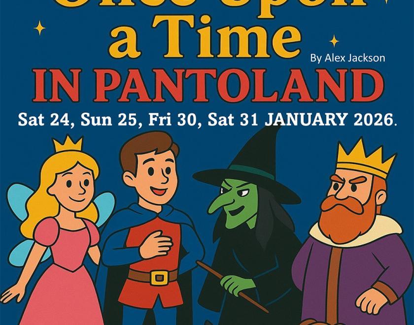 Poster with AI art of panto characters - a fairy, a prince, a witch and a king
