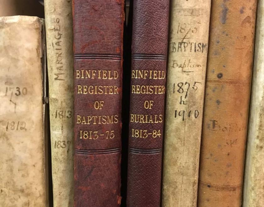 Parish Register spines on  a shelf in the Berkshire Record Office