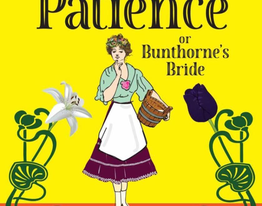 Poster for Mostly G & S Present: Patience with a Victorian-style cartoon of a woman stood between two flowers