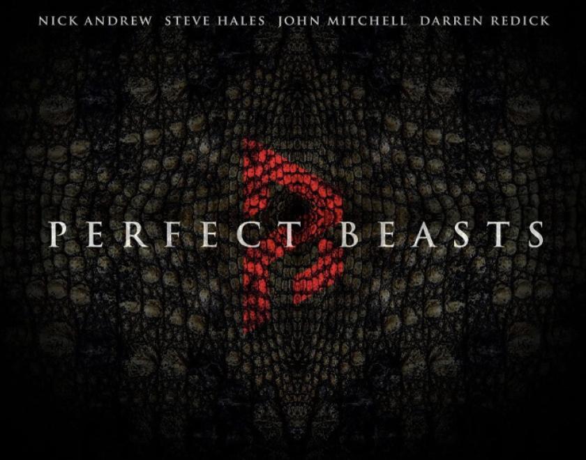 Pefect Beasts logo over a lizard-skin pattern