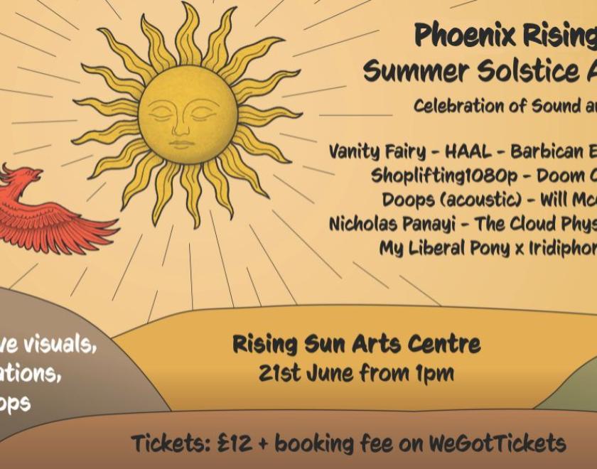 Phoenix Rising poster with an image of a phoenix flying towards a rising sun