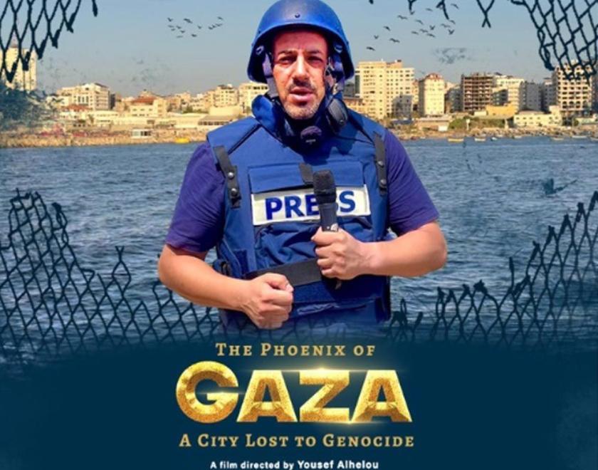 The Phoenix of Gaza movie poster with a picture of a reporter in a flak jacket