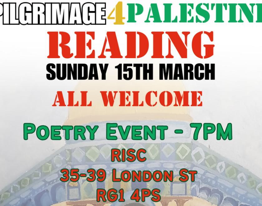 Poster with information about the event over a faint image of the top of a building