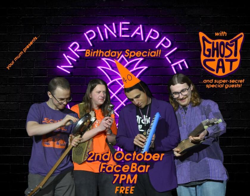 Band members of Mr Pineapple, all holding odd instruments and wearing purple