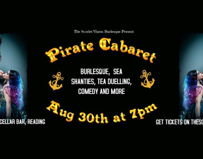 Poster for The Scarlet Vixens Present: Pirate Night featuring a burlesque performer dressed in a pirate costume